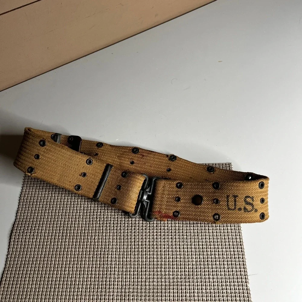 Vintage US Military Khaki Canvas Pistol Belt Web Gear US Stencil T-Buckle
